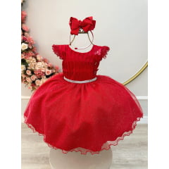 Vestido Infantil Vermelho Busto Plissado Saia Organza Glitter