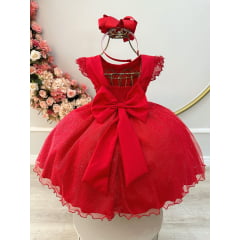 Vestido Infantil Vermelho Busto Plissado Saia Organza Glitter