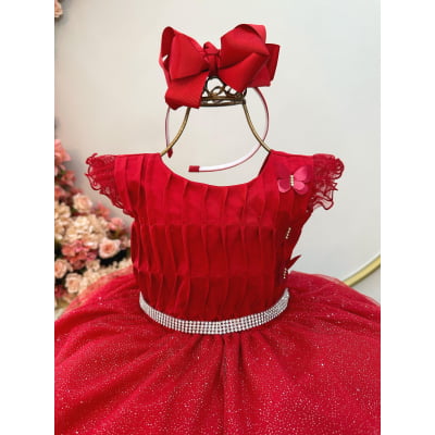 Vestido Infantil Vermelho Busto Plissado Saia Organza Glitter
