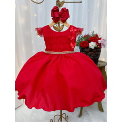 Vestido Infantil Vermelho Busto Plissado Strass Flores Natal