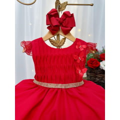 Vestido Infantil Vermelho Busto Plissado Strass Flores Natal