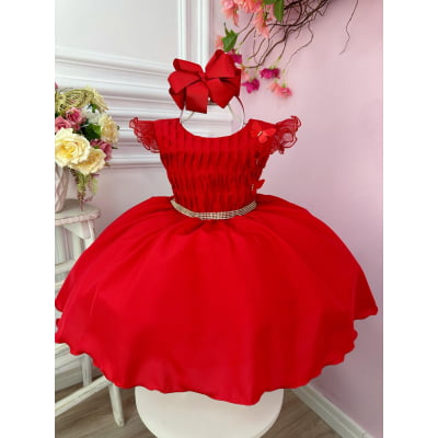 Vestido Infantil Vermelho Busto Plissado Strass Flores Natal