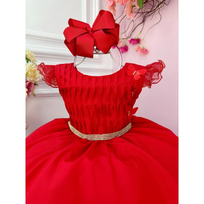 Vestido Infantil Vermelho Busto Plissado Strass Flores Natal