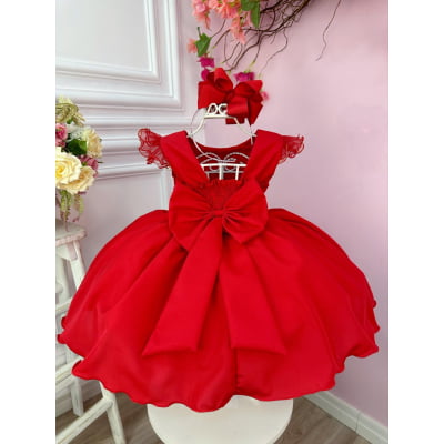 Vestido Infantil Vermelho Busto Plissado Strass Flores Natal