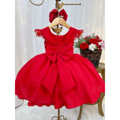 Vestido Infantil Vermelho Busto Plissado Strass Flores Natal