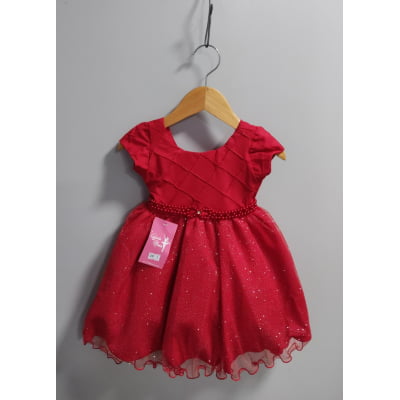Vestido Infantil Vermelho C/ Busto Nervura Daminhas Festas