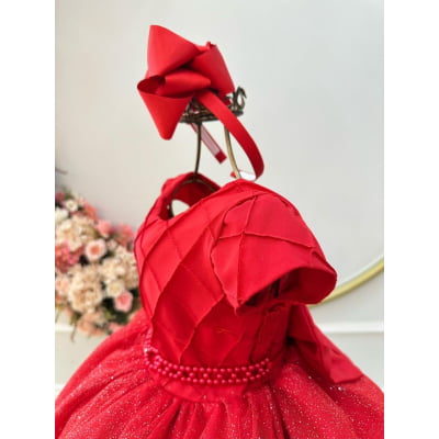 Vestido Infantil Vermelho C/ Busto Nervura Daminhas Festas