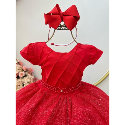 Vestido Infantil Vermelho C/ Busto Nervura Daminhas Festas