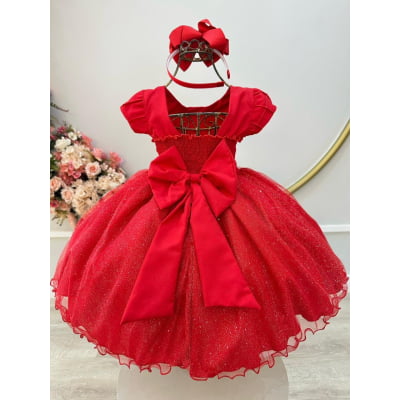 Vestido Infantil Vermelho C/ Busto Nervura Daminhas Festas