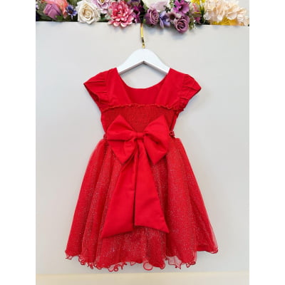 Vestido Infantil Vermelho C/ Busto Nervura Daminhas Festas