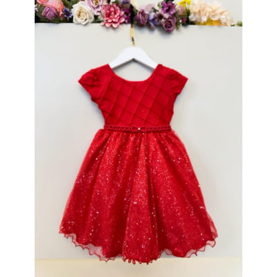 Vestido Infantil Vermelho C/ Busto Nervura Daminhas Festas