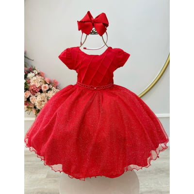 Vestido Infantil Vermelho C/ Busto Nervura Daminhas Festas