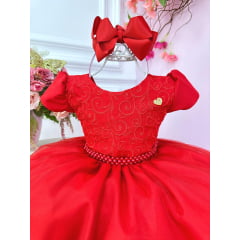 Vestido Infantil Vermelho C/ Renda e Cinto de Pérolas Festas