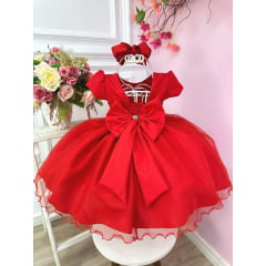 Vestido Infantil Vermelho C/ Renda e Cinto de Pérolas Festas
