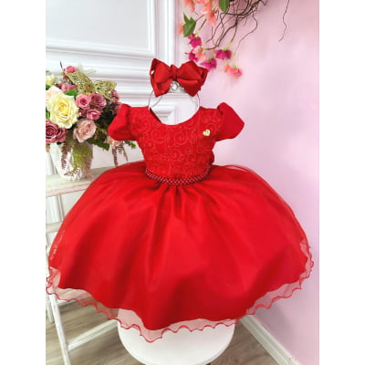 Vestido Infantil Vermelho C/ Renda e Cinto de Pérolas Festas