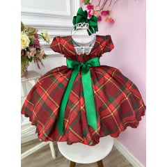 Vestido Infantil Vermelho C/ Xadrez Natal Festas Luxo