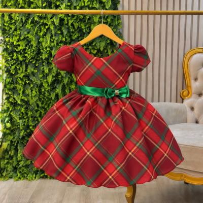 Vestido Infantil Vermelho C/ Xadrez Natal Festas Luxo