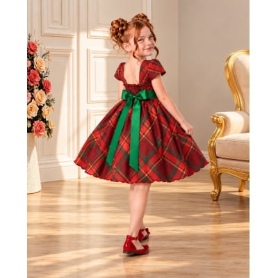 Vestido Infantil Vermelho C/ Xadrez Natal Festas Luxo