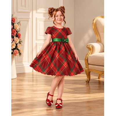 Vestido Infantil Vermelho C/ Xadrez Natal Festas Luxo