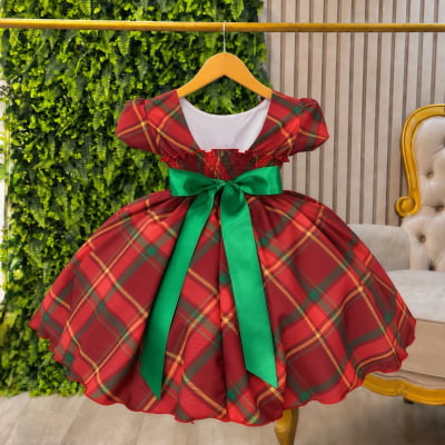 Vestido Infantil Vermelho C/ Xadrez Natal Festas Luxo