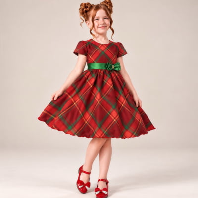 Vestido Infantil Vermelho C/ Xadrez Natal Festas Luxo