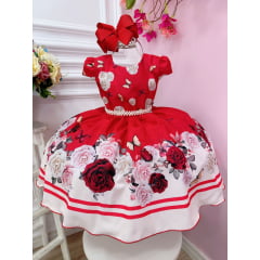 Vestido Infantil Vermelho Jardim das Borboletas C/ Pérolas