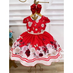 Vestido Infantil Vermelho Jardim das Borboletas C/ Pérolas
