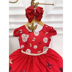 Vestido Infantil Vermelho Jardim das Borboletas C/ Pérolas