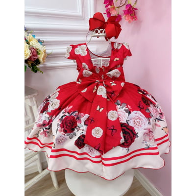 Vestido Infantil Vermelho Jardim das Borboletas C/ Pérolas