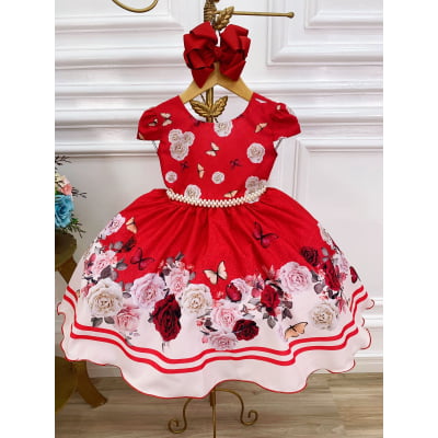 Vestido Infantil Vermelho Jardim das Borboletas C/ Pérolas
