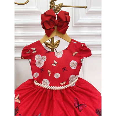 Vestido Infantil Vermelho Jardim das Borboletas C/ Pérolas