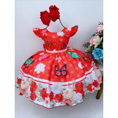 Vestido Infantil Vermelho Jardim das Borboletas Pérolas