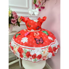 Vestido Infantil Vermelho Jardim das Borboletas Pérolas