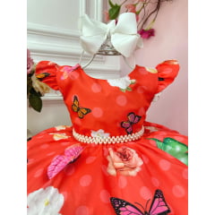 Vestido Infantil Vermelho Jardim das Borboletas Pérolas