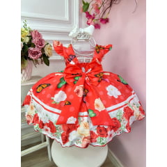 Vestido Infantil Vermelho Jardim das Borboletas Pérolas