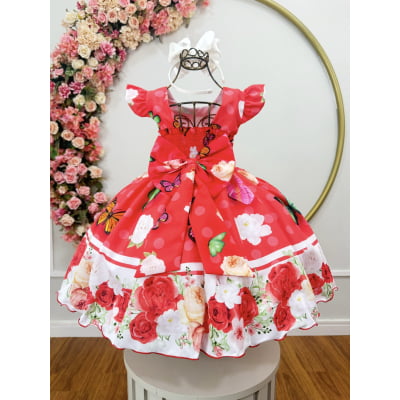 Vestido Infantil Poliéster Vermelho Jardim das Borboletas Pérolas Natal