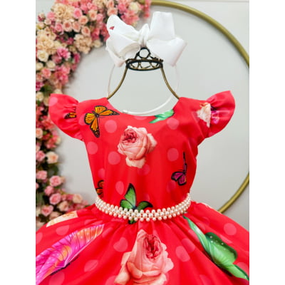 Vestido Infantil Poliéster Vermelho Jardim das Borboletas Pérolas Natal