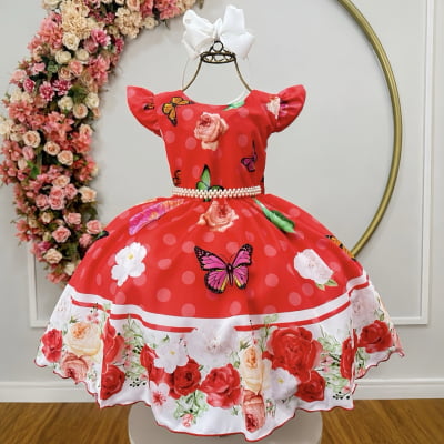 Vestido Infantil Poliéster Vermelho Jardim das Borboletas Pérolas Natal Vestido Infantil Poliéster Vermelho Jardim das Borboletas Pérolas Natal