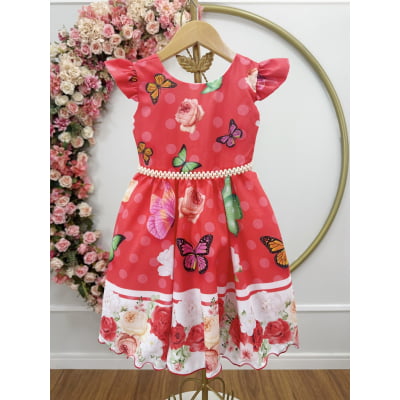Vestido Infantil Poliéster Vermelho Jardim das Borboletas Pérolas Natal