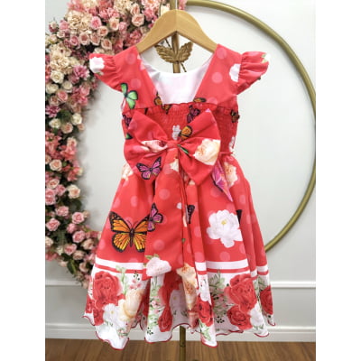 Vestido Infantil Poliéster Vermelho Jardim das Borboletas Pérolas Natal