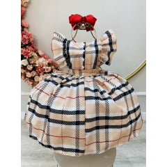 Vestido Infantil Xadrez Bege Tartan Colorido Festas Luxo