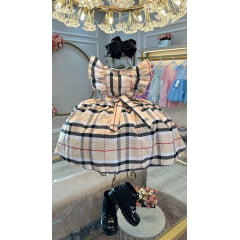 Vestido Infantil Xadrez Bege Tartan Colorido Festas Luxo