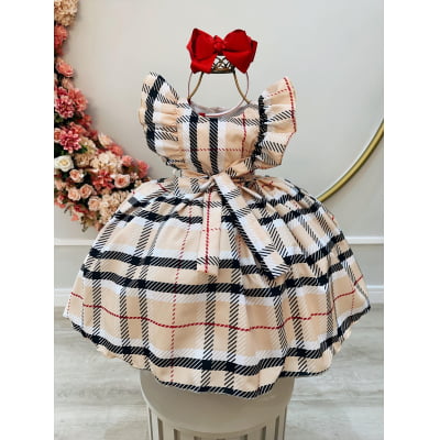 Vestido Infantil Xadrez Bege Tartan Colorido Festas Luxo