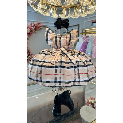 Vestido Infantil Xadrez Bege Tartan Colorido Festas Luxo