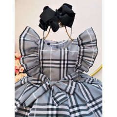 Vestido Infantil Xadrez Cinza Tartan Festas Luxo