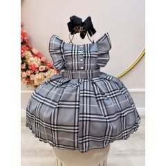 Vestido Infantil Xadrez Cinza Tartan Festas Luxo