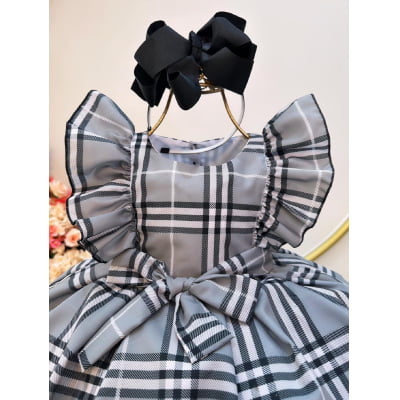 Vestido Infantil Xadrez Cinza Tartan Festas Luxo
