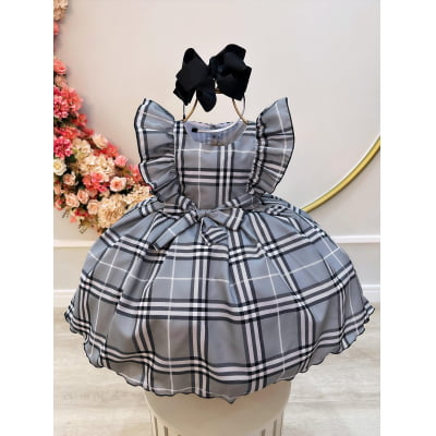 Vestido Infantil Xadrez Cinza Tartan Festas Luxo