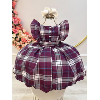 Vestido Infantil Xadrez Tartan Marsala Luxo