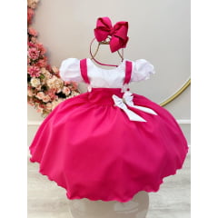 Vestido Jardineira Infantil Pink Lenço e Broche de Laço